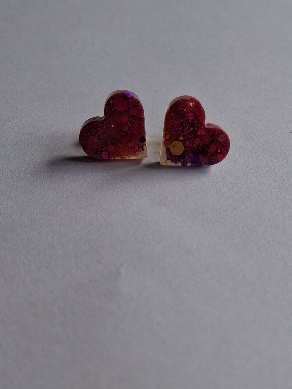 Hand Crafted Purple-Pink Glitter Heart Stud Earrings